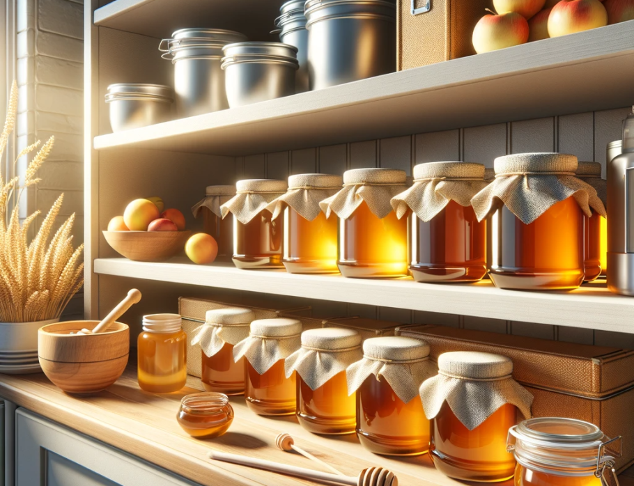Una serie di barattoli di miele posizionati in una dispensa scura