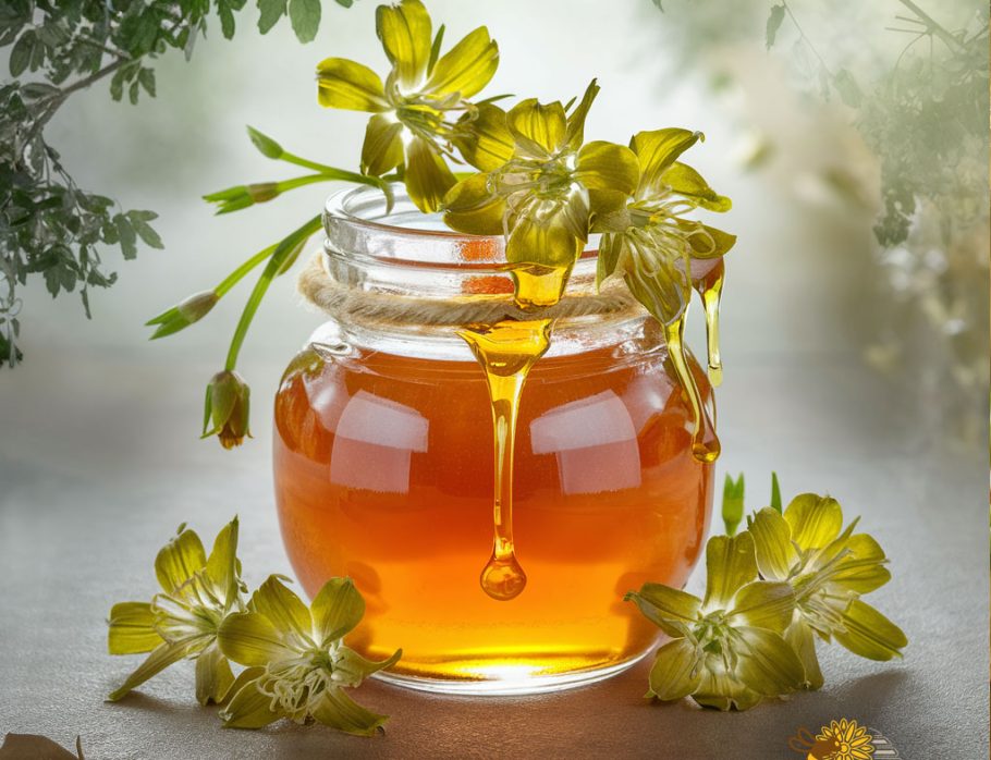 Vasetto di miele di coriandolo con fiori di coriandolo freschi