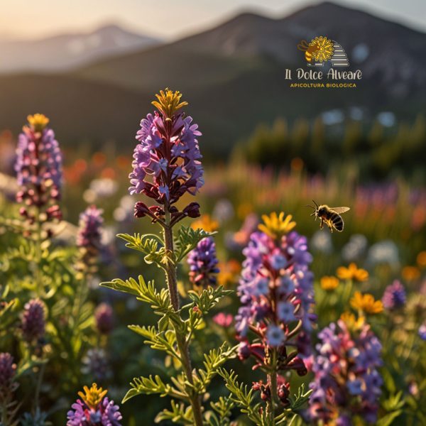 Un primo piano di api che raccolgono nettare dai fiori selvatici di montagna.