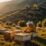 Apicoltore in montagna con alveari