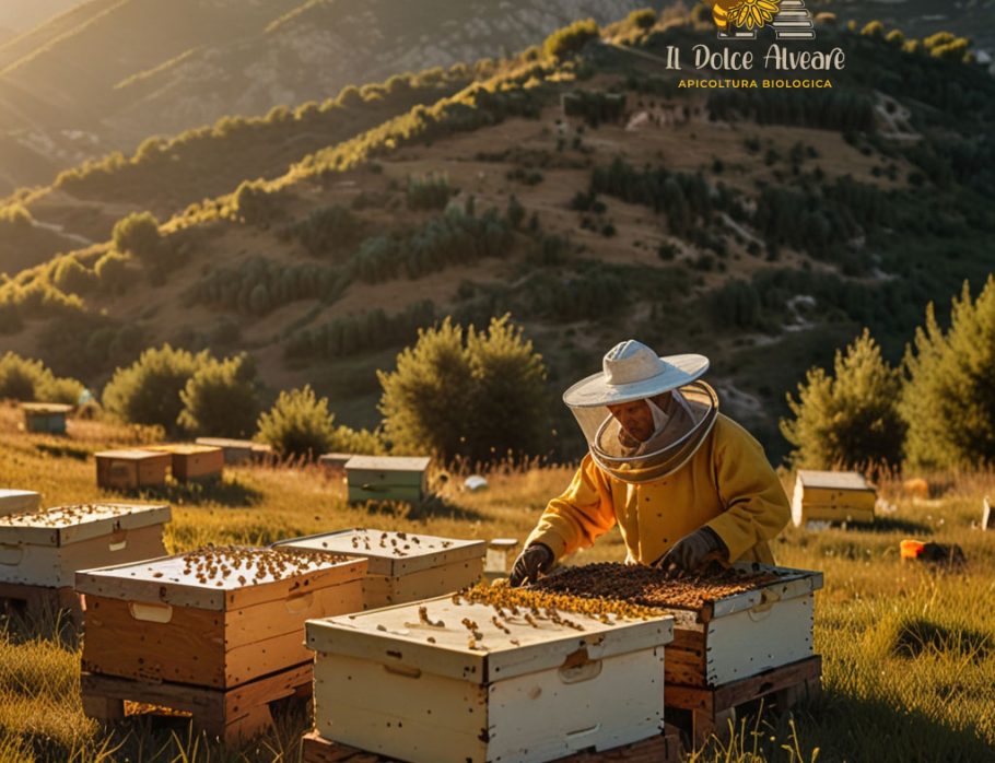 Apicoltore in montagna con alveari