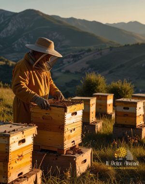 Apicoltore in montagna con alveari