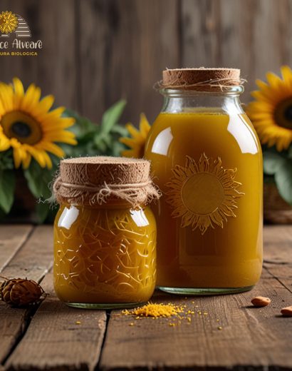 Miele di girasole in barattolo, colore giallo intenso