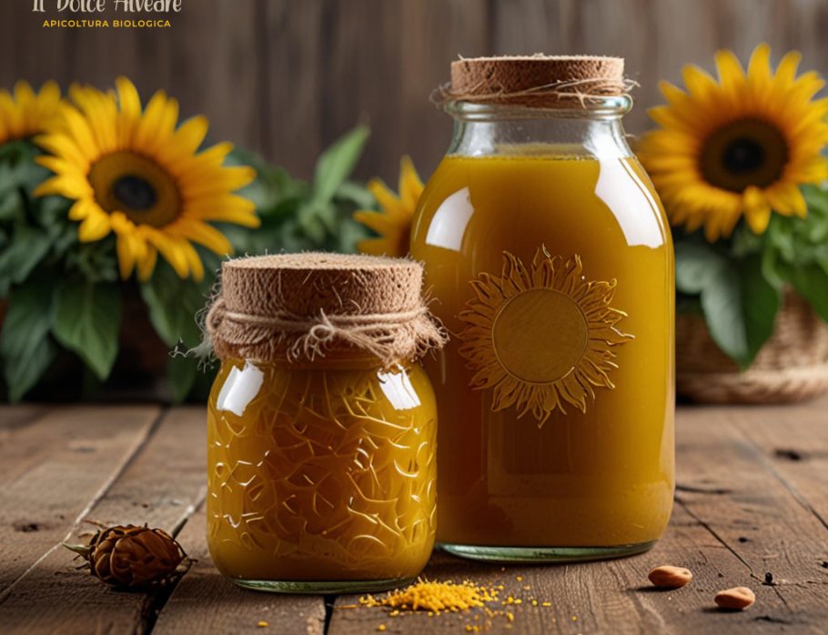 Miele di girasole in barattolo, colore giallo intenso