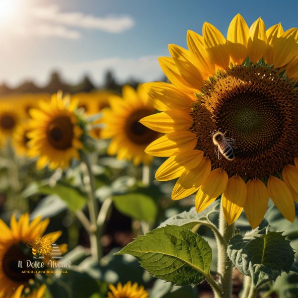 Api su fiore di girasole in un campo soleggiato