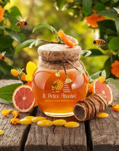 Barattolo di Miele di Arancio su sfondo di aranceti