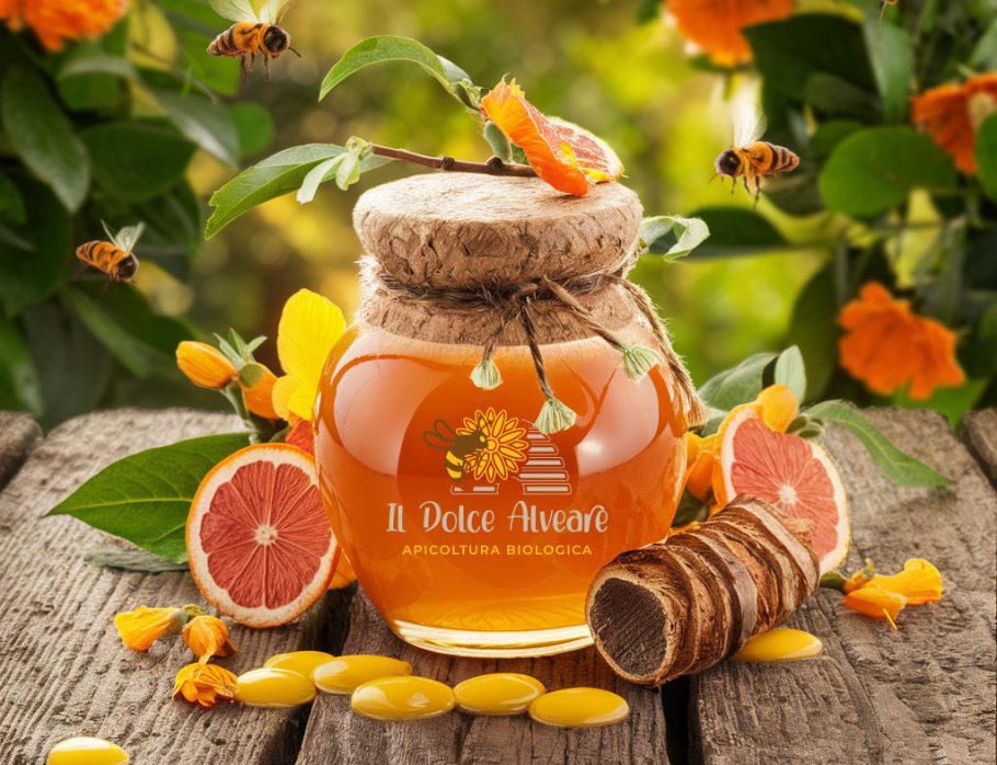 Barattolo di Miele di Arancio su sfondo di aranceti