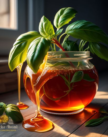 Barattolo di miele di basilico con foglie di basilico fresco