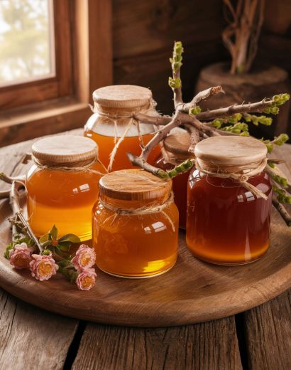 Barattoli di miele di acacia: Barattoli di miele di acacia, con un colore chiaro e trasparente.