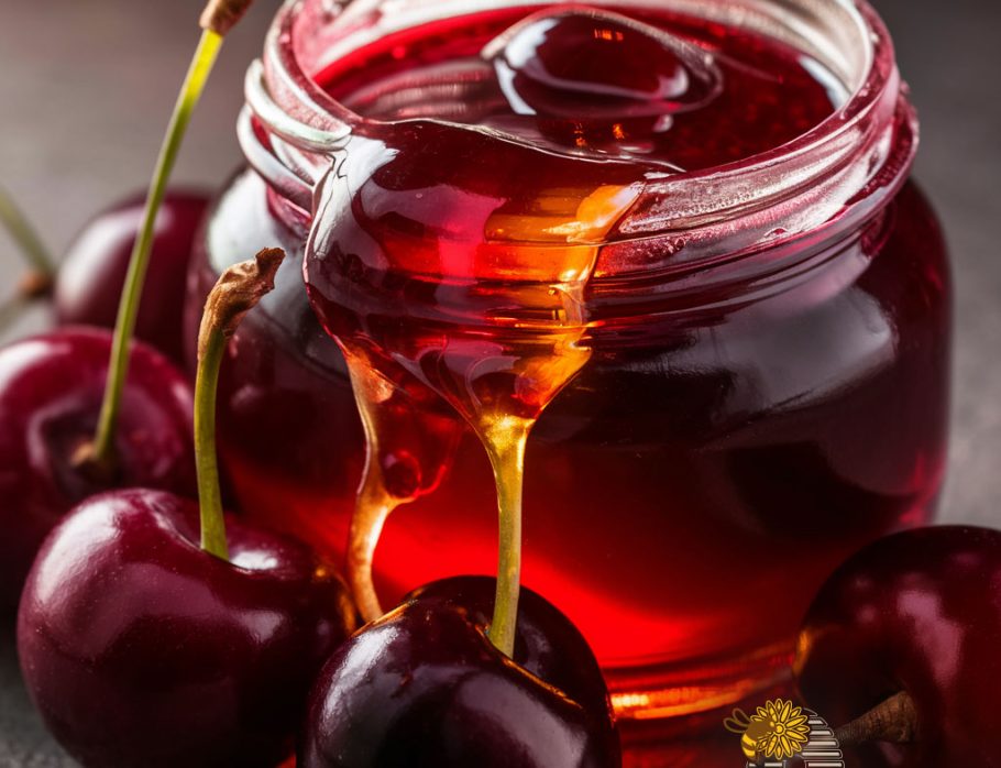 Barattolo di miele di ciliegio con ciliegie fresche