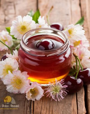 Barattolo di Miele di Ciliegio e Asfodelo su sfondo di fiori di ciliegio e asfodelo