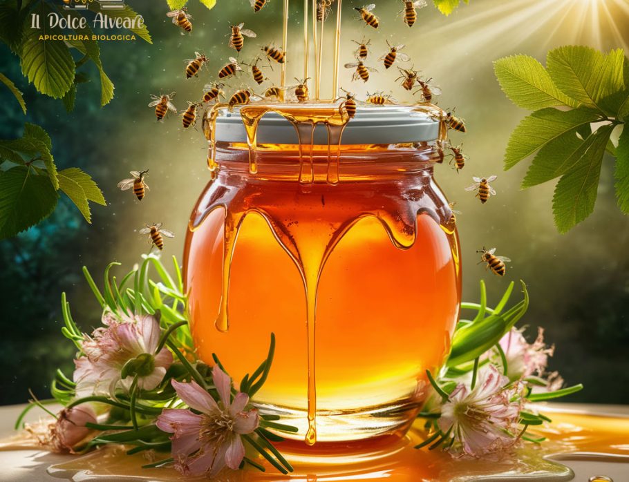 Vasetto di miele di cipolla con fiori di cipolla fresca.