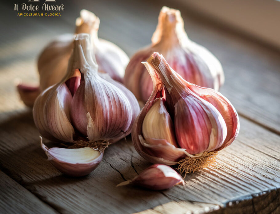 Bulbi di aglio rosso in primo piano su tavolo di legno