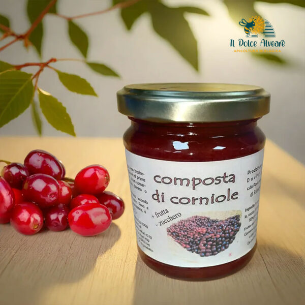 Barattolo di Composta di Corniole su tavola rustica.