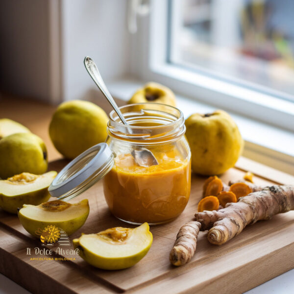 Barattolo di composta di mele cotogne e curcuma con ingredienti freschi