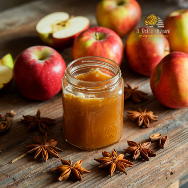 Barattolo di composta di mele cotogne e anice stellato con ingredienti freschi