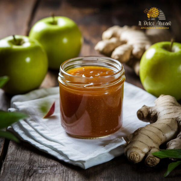 Barattolo di composta di mele cotogne e zenzero con ingredienti freschi