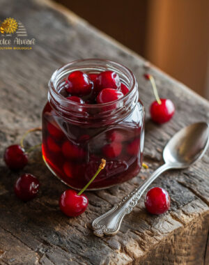 Barattolo aperto di visciole sciroppate su tavolo rustico, con sciroppo brillante.