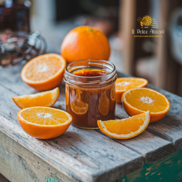 Barattolo di Marmellata di Arance Amare Valencia su tavola di legno con arance fresche