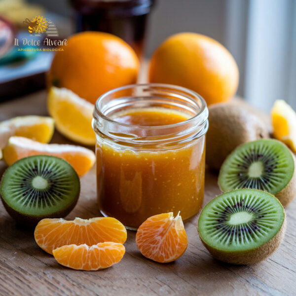 arattolo di Marmellata di Mandarini e Kiwi su tavola di legno con mandarini e kiwi freschi.