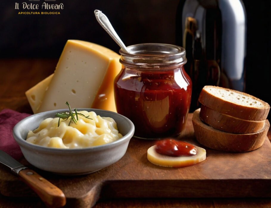 Salsa di cipolle rosse di Tropea accanto a un tagliere di formaggi.