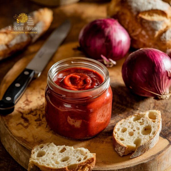 Vasetto di salsa di cipolle rosse di Tropea con ingredienti freschi.