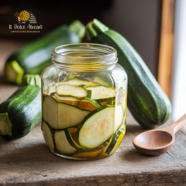 Vasetto di zucchine in agrodolce con ingredienti freschi.