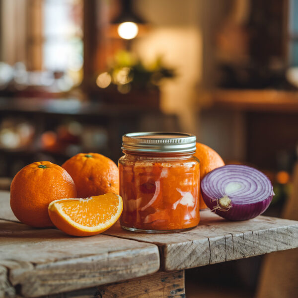 Vasetto di mostarda di arance e cipolle con ingredienti freschi.